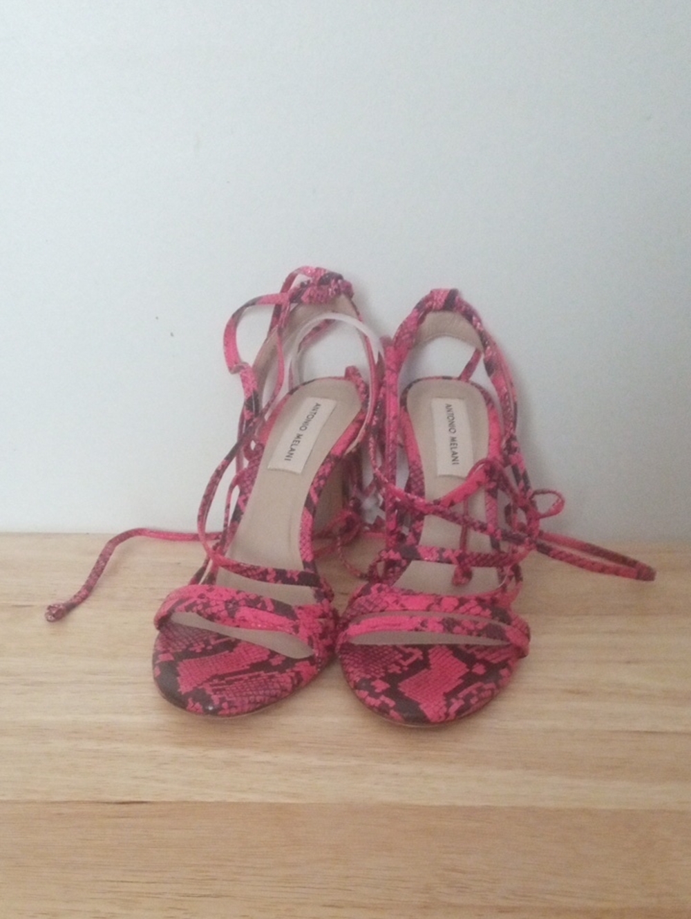 ANTONIO MELANI Hot Pink Snake-Print Lace-Up Heels